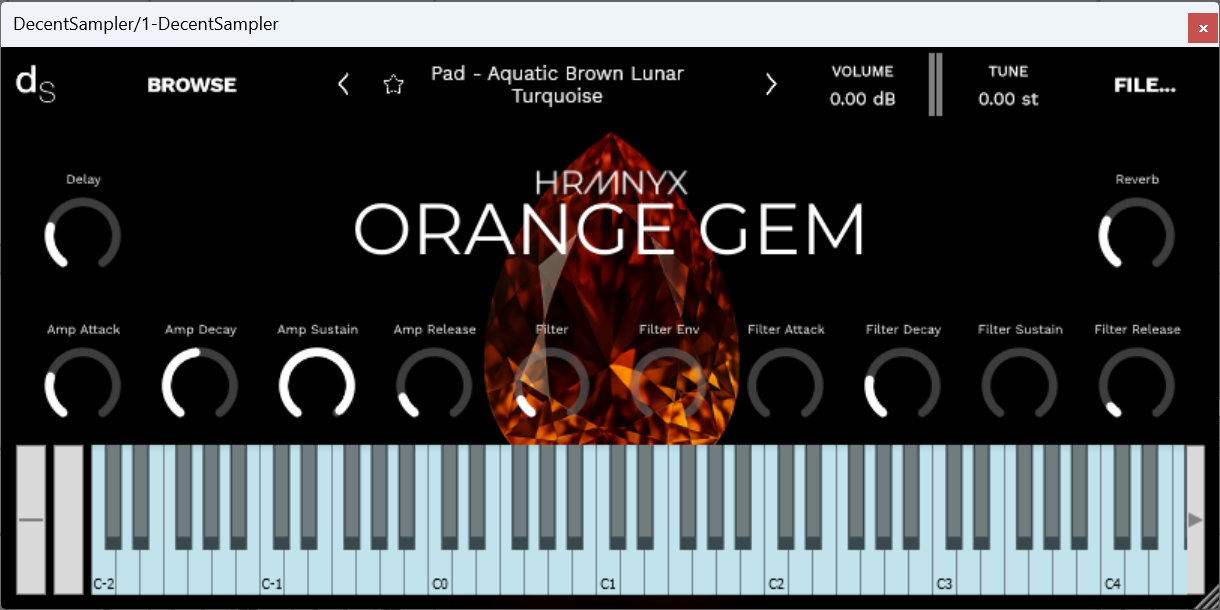 A screenshot of the Orange Gem Sample Library instrument interface in Decent Sampler.